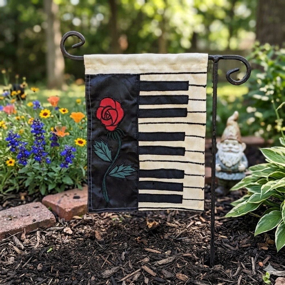 Vintage Garden Flag Piano Rose Double Sided Embroidered Musical Yard Decor 90s 2